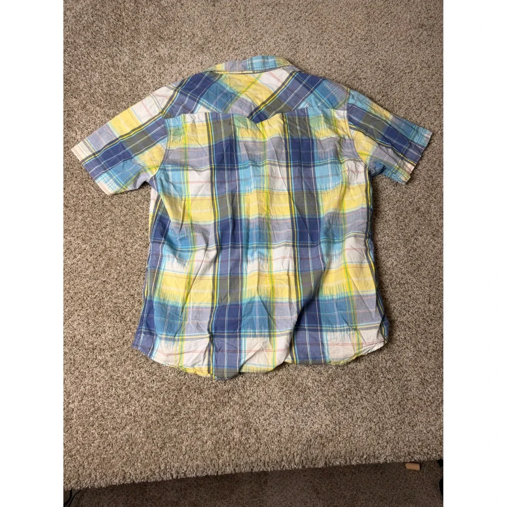 Levis Mens XXL Short Sleeve Western Pearl Snap Plaid Shirt Blue Yellow